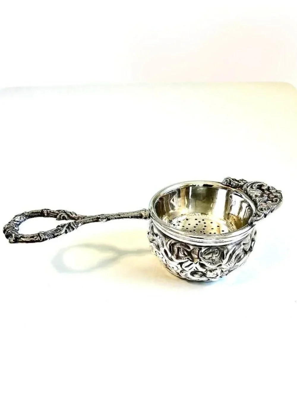 Vintage Ornate Repoussé Silver Plate Tea Infuser Strainer & Drip Rest